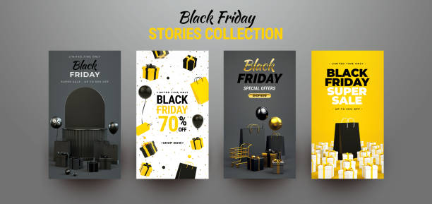 Black Friday social media stories collection. Social network post template with online shopping concept in 3D rendering. stock photo