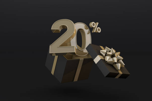 Black friday super sale with 20 percent gold number and black gift box and gold ribbon 3d render stock photo