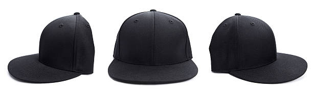 Black Hat at Different Angles Three shots of a fitted black hat from different angles isolated on a white background. cap hat stock pictures, royalty-free photos & images
