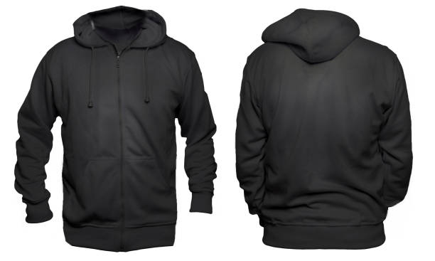 Black Hoodie Mock up Blank sweatshirt mock up template, front, and back view, isolated on white, plain black hoodie mockup. Hoody design presentation. Jumper for print. Blank clothes sweat shirt sweater hooded shirt stock pictures, royalty-free photos & images
