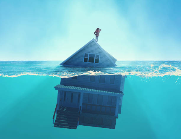 Black horse with car wheels instead of legs at high speed in the desert . This is a 3d render illustration . House sinking into the ocean . Half splitted image in the sea of a home floating . Debt and bankruptcy concept . This is a 3d render illustration . foreclosure stock pictures, royalty-free photos & images