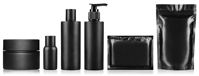 Big set of black personal hygiene products, isolated on white background