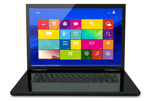 Black laptop with icon stock photo