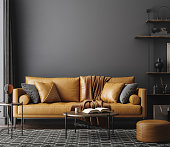 istock Black living room interior with leather sofa, minimalist industrial style 1344243415