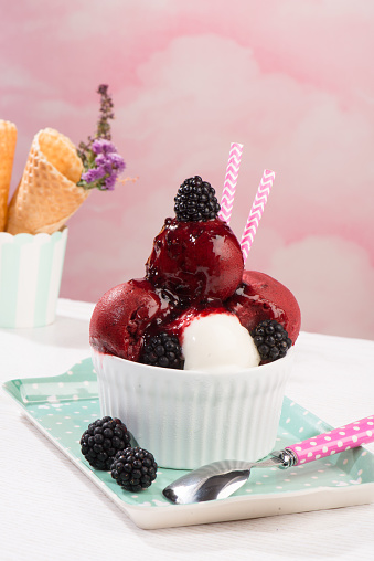 black mulberry icecream is in the cup plate on the pink background