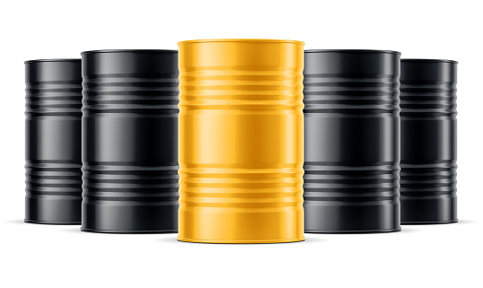 Black Oil Barrels Mockup And One Golden On White Background Stock Photo