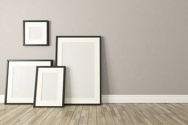 Black picture clear frames decor, background, template design Blank picture frames with wall and wooden parquet decor, background, template design construction frame photos stock pictures, royalty-free photos & images