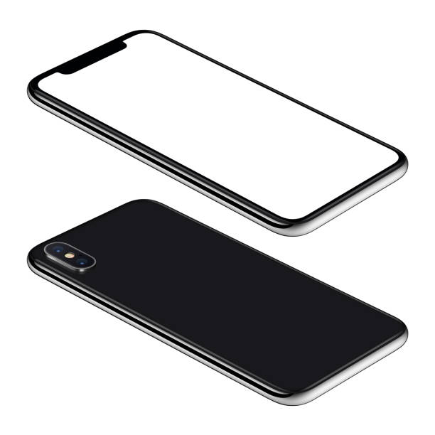 Black smartphone mockup front and back sides isometric view CCW rotated lies on surface Black smartphone isometric mockup. Frameless smartphone front and back sides isometric view lies on surface. Smartphone Isolated on white background. point of view stock pictures, royalty-free photos & images