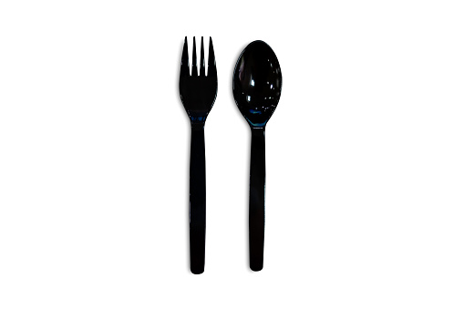 black spoon and fork  isolated on white background