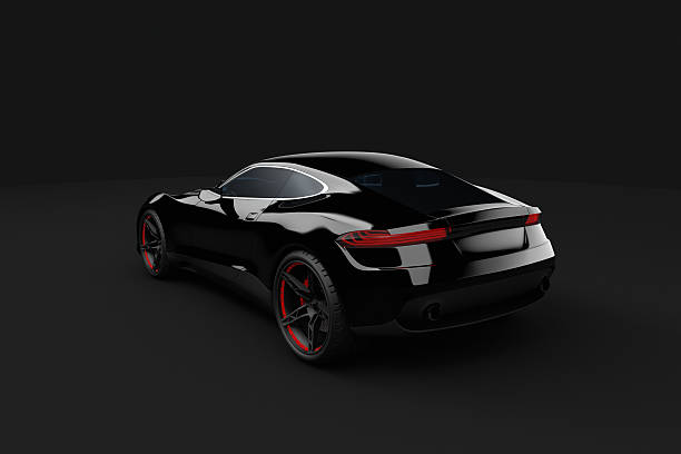 Black sport car on dark background "3D Rendering image showing a concept design made by my own. This is one image out of a series with different angles. This is the perfect stuff for people how need race cars, supersport cars without any manufacture brand." luxury car stock pictures, royalty-free photos & images