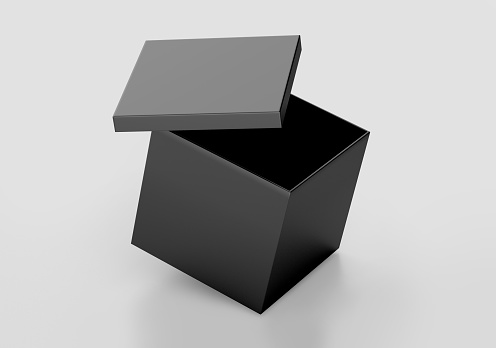 Black Square Box Mockup, Dark paper Cardboard Container, 3d rendering isolated on light background