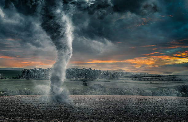 Black tornado funnel over field during thunderstorm Black tornado funnel over field during thunderstorm cyclone stock pictures, royalty-free photos & images