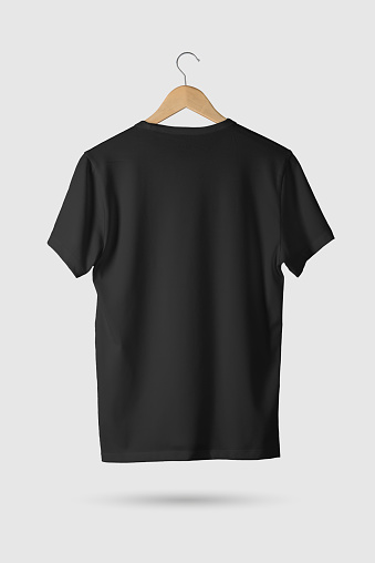 Black Tshirt Mockup On Wooden Hanger Rear Side View Stock Photo