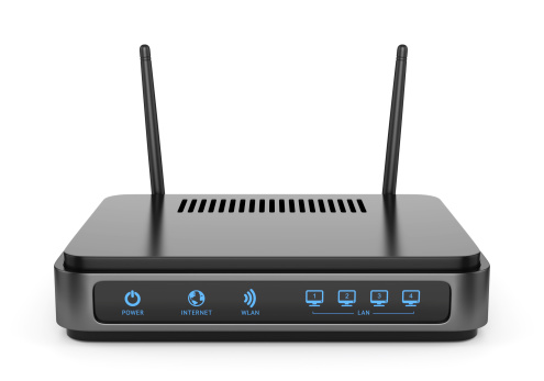 Modern wireless wi-fi router with two antennas isolated on white background. High speed internet connection, computer network and telecommunication technology concept.
