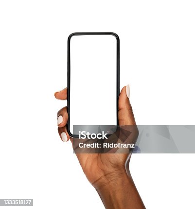 istock Black woman hand holding modern smart phone isolated on white background 1333518127