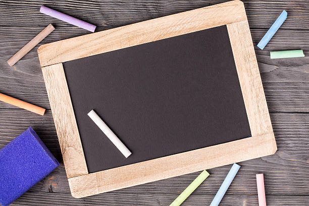 Blackboard purple sponge and white chalk stock photo