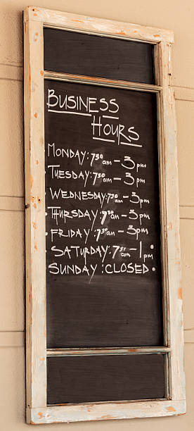 Blackboard with business hours stock photo