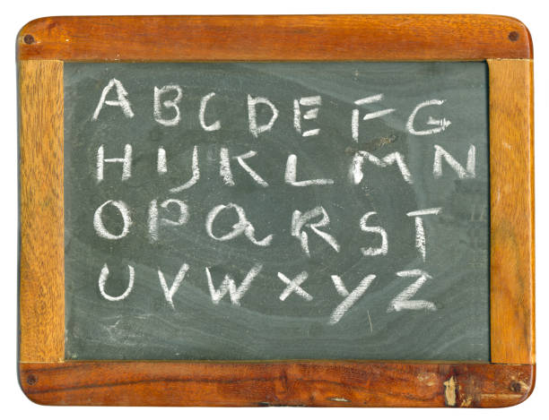blackboard with handwritten alphabet,back to school,learning,education concept,isolated on white background stock photo