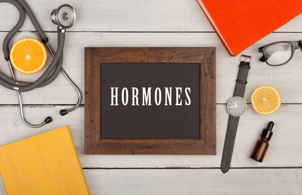 blackboard with text "Hormones", books, stethoscope and watch stock photo