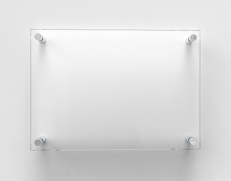 A4 Transparent glass nameplate plate on spacer metal holders. Clear printing board for branding. Acrilic advertising signboard on white background mock-up front view. Size 297 x 210 mm. 3D illustration