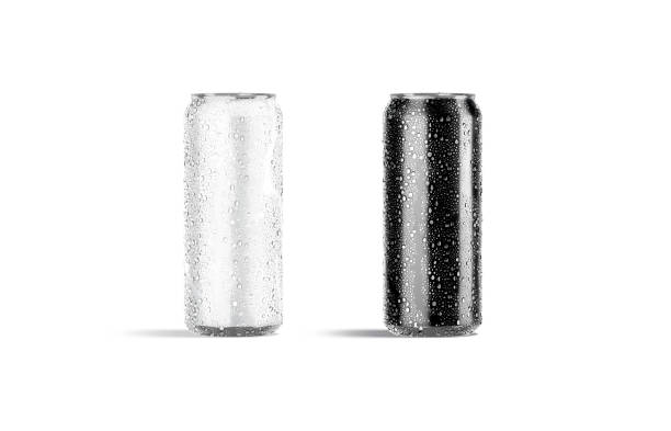 Blank black and white 500 ml soda can mockup with drops stock photo