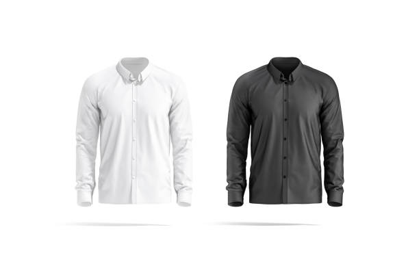 Blank black and white classic shirt mockup set, front view Blank black and white classic shirt mockup set, front view, 3d rendering. Empty neat classy dress code blouse mock up, isolated. Clear elegant apparel with cuff and collar template. button down shirt stock pictures, royalty-free photos & images