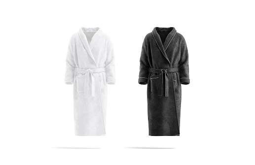 Blank black and white hotel bathrobe mockup set, front view, 3d rendering. Empty soft nightwear for relax mock up, isolated. Clear plush whites or overall after bathroom template.