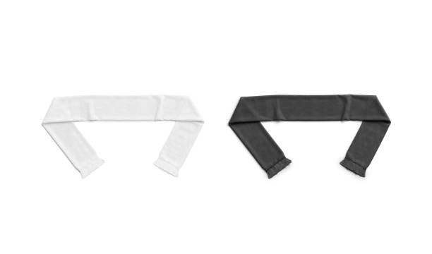 Blank black and white knitted soccer scarf mockup, top view Blank black and white knitted soccer scarf mockup set, top view, 3d rendering. Empty sign or banner for rooter on football game mock up, isolated. Clear buff for season match mokcup template. scarf stock pictures, royalty-free photos & images