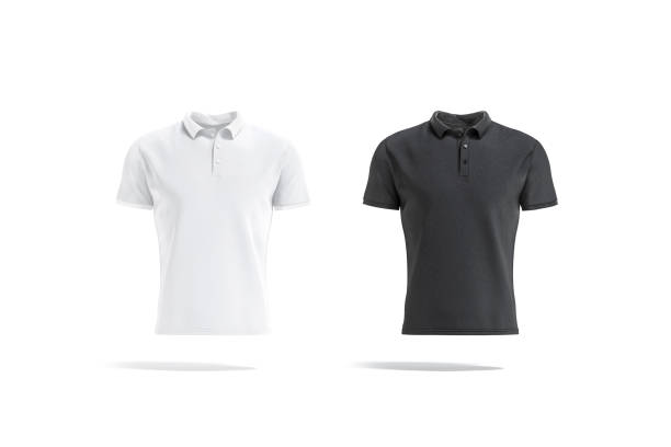 Blank black and white polo shirt mock up, front view Blank black and white polo shirt mock up, front view, 3d rendering. Empty textile t-shirt with sleeve and collar mockup, isolated. Clear cloth golf uniform or classic sport garment template. shirt stock pictures, royalty-free photos & images