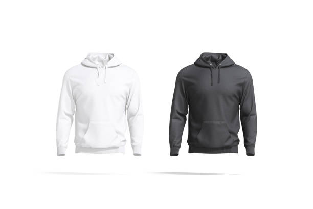 Blank black and white sport hoodie with hood mockup set Blank black and white sport hoodie with hood mockup set, 3d rendering. Empty daily hooded sweatshirt mock up, isolated, front view. Clear long fleece or cotton hoodi template. hooded shirt stock pictures, royalty-free photos & images
