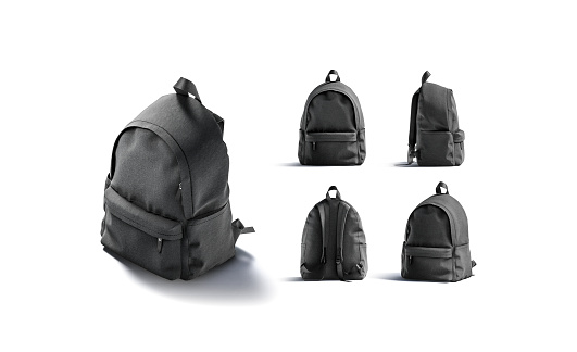 Blank black backpack with zipper and strap mockup, different views, 3d rendering. Empty student canvas knapsack mock up, isolated. Clear closed carry rucksack template.
