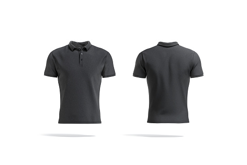Blank black polo shirt mock up, front and back view, 3d rendering. Empty classic textile male poloshirt mockup, isolated. Clear casual fabric tshirt or jersey model template.