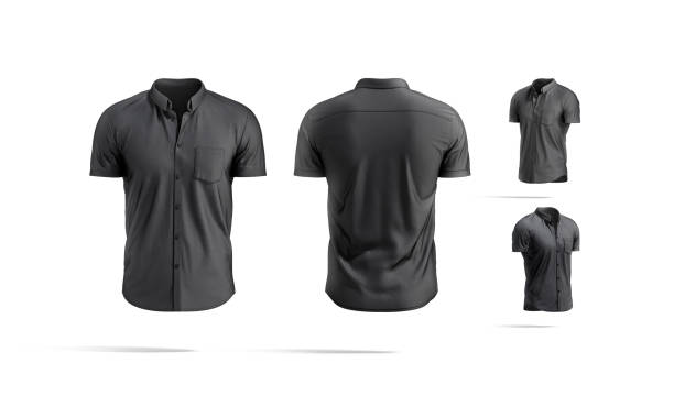 Blank black short sleeve button down shirt mockup, different views stock photo