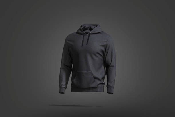 Blank black sport hoodie with hood mockup, dark background Blank black sport hoodie with hood mockup, dark background, 3d rendering. Empty casual loose overall clothing with hood mock up, side view. Clear men fabric sweat-shirt template. hooded shirt stock pictures, royalty-free photos & images