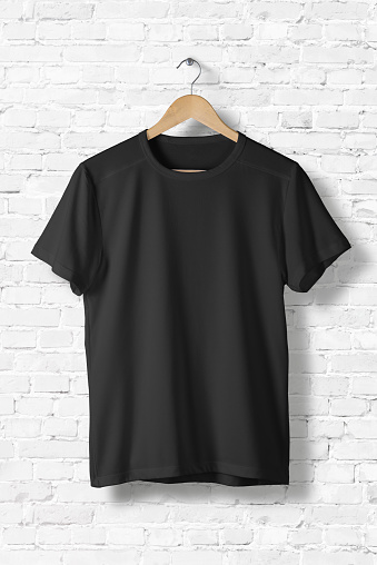 Blank Black Tshirt Mockup Hanging On White Wall Front Side Blank Black Tshirt Mockup Hanging On White Wall Front Side
