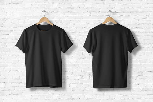Download Blank Black Tshirts Mockup Hanging On White Wall Front And Rear Side View Ready To Replace Your ...
