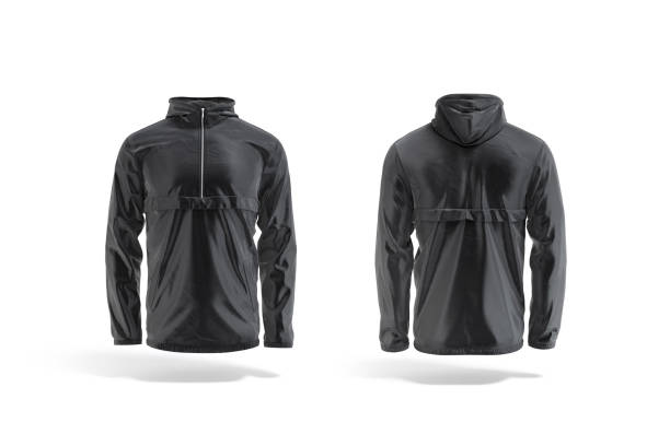 Blank black windbreaker mock up, front and back view stock photo