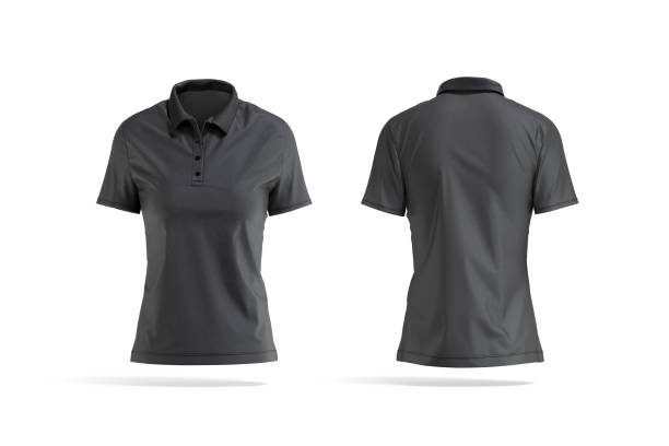 Blank black women polo shirt mockup, front and back view stock photo