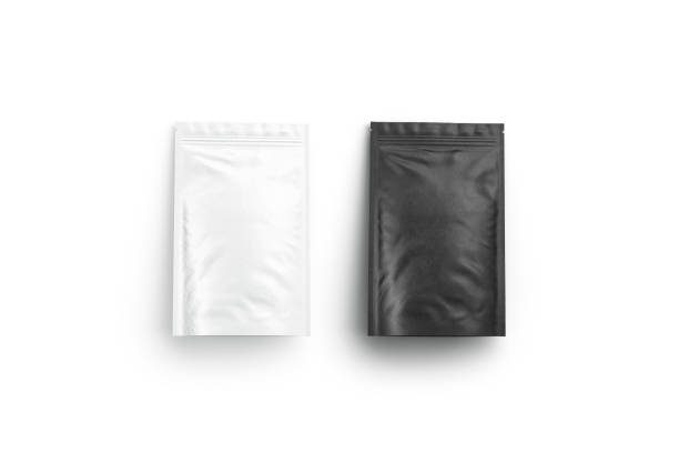 Blank blank and white zipper pouch lying mock up isolated Blank blank and white zipper pouch lying mock up set, isolated, 3d rendering. Empty vacuum sachet poch mockup, top view. Clear spice or cofe sealed doypack mokcup template. packet stock pictures, royalty-free photos & images