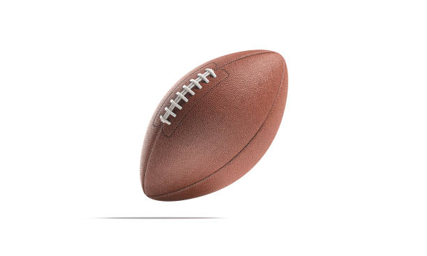 Blank brown american football ball mock up, no gravity Blank brown american football ball mock up, no gravity, 3d rendering. Empty leather usa fotball for national team competition mockup, isolated. Clear oval with lace for champion games mokcup template. soccer ball stock pictures, royalty-free photos & images