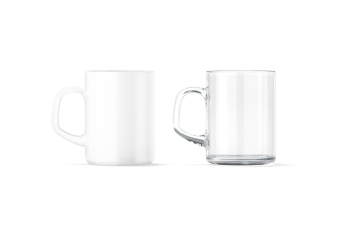 Blank ceramic and glass 8 oz mug with square handle mockup, 3d rendering. Empty glassful tankard for hot cappuccino mock up, isolated, front view. Clear porcelain beverage cup template.