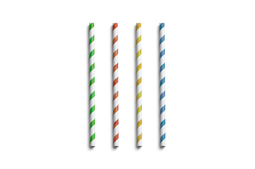 Blank colored paper straws mockup isolated, top view, 3d rendering. Clear coloured tubes mock up. Empty cardboard drink pipe for juice and water. Empty disposable eco-friendly soloma for restaurant.