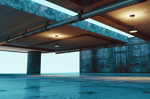 Industrial interior background and cement walls.3d illustration.