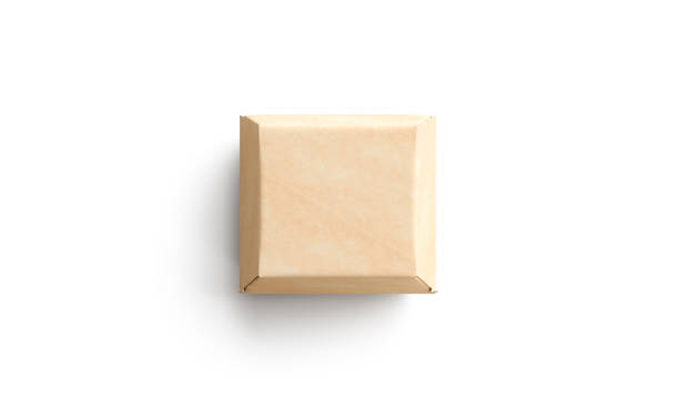 Blank craft burger box mock up, isolated, top view, Blank craft burger box mock up, isolated, top view, 3d rendering. Empty square paper container for lunch mockup. Clear kraft wrapping for veggie sandwich or hamburger deliver template. burger wrapped in paper stock pictures, royalty-free photos & images