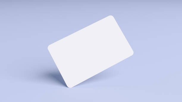Blank credit card mockup floating over a blue background in 3D rendering. Rounded corners business card mock up for design template stock photo