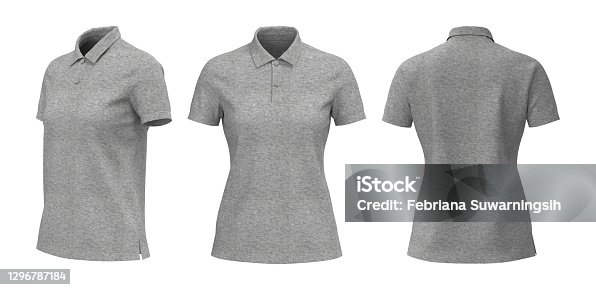 istock Blank grey collared shirt mockup in front, side and back view 1296787184