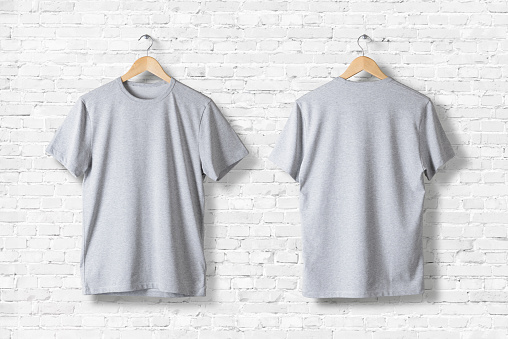 Download Blank Grey Tshirts Mockup Hanging On White Wall Front And ...