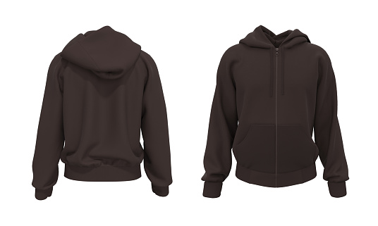Blank hooded sweatshirt  mockup with zipper in front and back views, isolated on white background, 3d rendering, 3d illustration