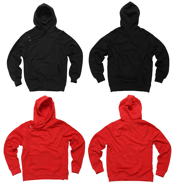 Blank hoodie sweatshirts Photograph of two blank hoodie sweatshirts, red and black, front and back.  Clipping paths included.  Ready for your design or artwork. hooded shirt stock pictures, royalty-free photos & images
