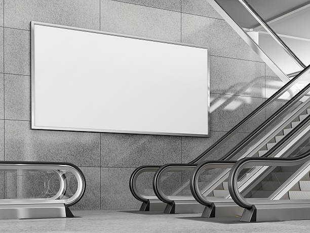 blank horizontal billboard in public place. 3d rendering. - airport lounge business imagens e fotografias de stock